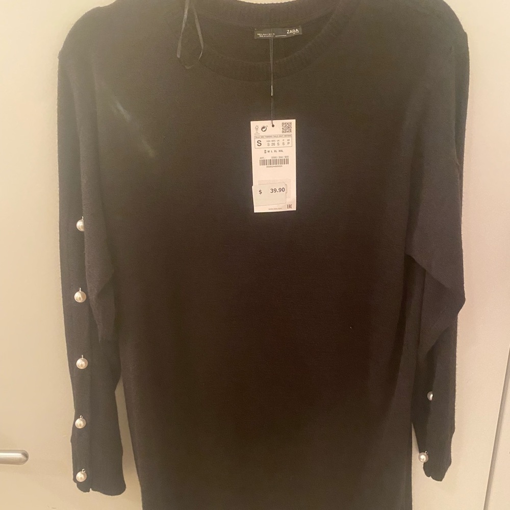 NWT Zara black sweater dress with pearl arm detail